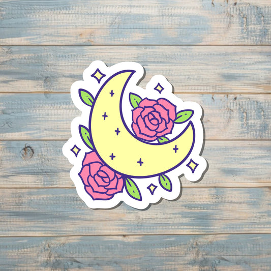 Yellow Crescent Moon Sticker, Pink Flowers, Die Cut Sticker, Graphic Art Sticker, Vinyl, , Inspire Motivate |Sticker or Magnet