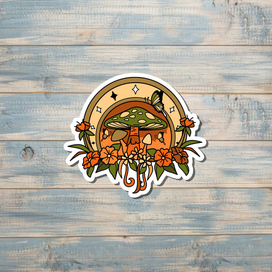 Horseshoe Mushroom Flowers, Die Cut Vinyl Sticker, Boho Fun, Water Resistant, Green Shrooms |Sticker or Magnet