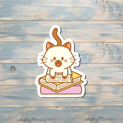 Cute Cat on Books, Die Cut Sticker, Graphic Art Sticker, Vinyl, , Inspire Motivate |Sticker or Magnet