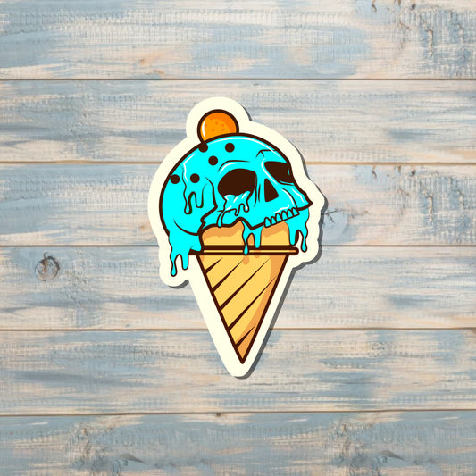 Creepy Skull Blue Ice Cream Cone, Die Cut Vinyl Sticker, , Boho Fun, Water Resistant |Sticker or Magnet