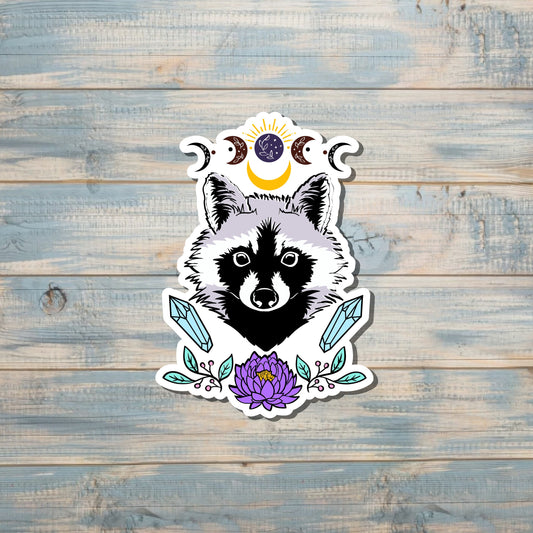 Racoon Crystals Moon Sticker, Graphic Art Sticker, Vinyl, Boho Hippie |Sticker or Magnet