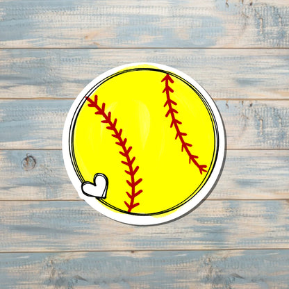 Yellow Softball w/ Heart, Die Cut Sticker, Graphic Art Vinyl, , Boho Fun |Sticker or Magnet