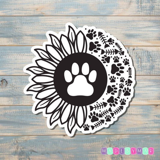 Sunflower Fishbones Pawprint | Sticker or Magnet | Cat Mom