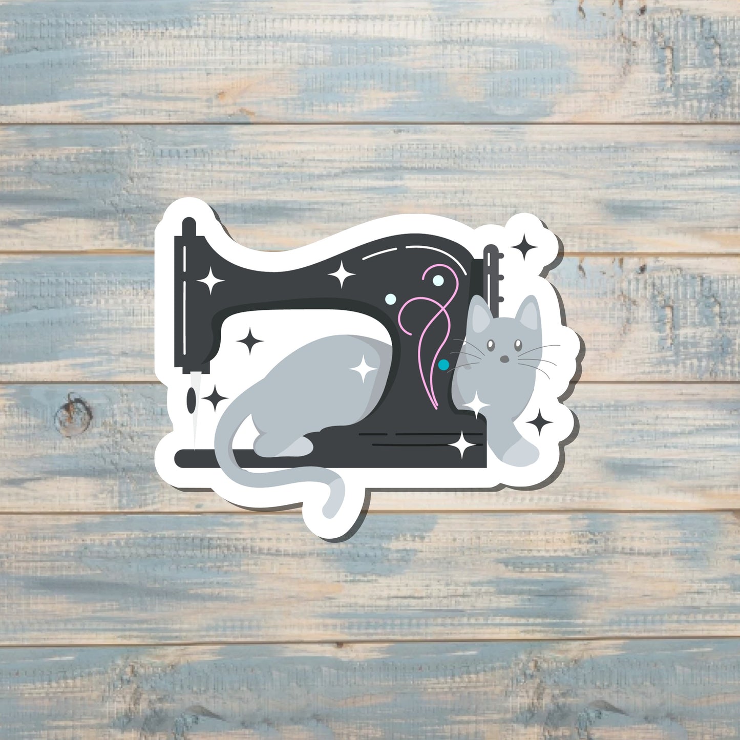 Gray Cat and Black Sewing Machine, Die Cut Vinyl Sticker, , Boho Fun, Water Resistant |Sticker or Magnet